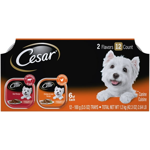 (12 Pack) CESAR Wet Dog Food Classic Loaf in Sauce Beef and Chicken & Liver Recipes Variety Pack, 3.5 oz. Trays