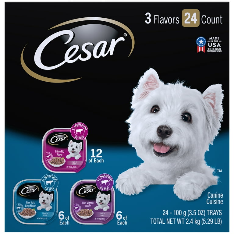 24 Pack CESAR Wet Dog Food Filets in Gravy Filet Mignon New York Strip and Prime Rib Flavors Variety Pack 3.5 oz. Easy Peel Trays