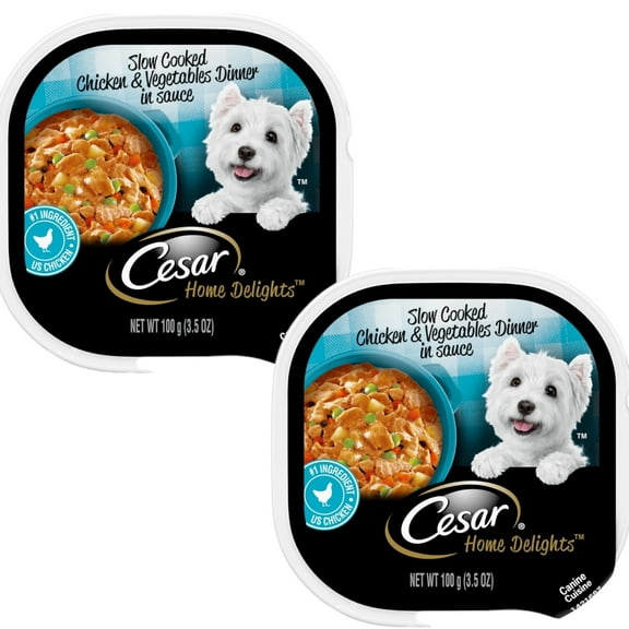 CESAR HOME DELIGHTS Adult Wet Dog Food Slow Cooked Chicken & Vegetables Dinner in Sauce, 3.5 oz. Easy Peel Trays, Pack of 2