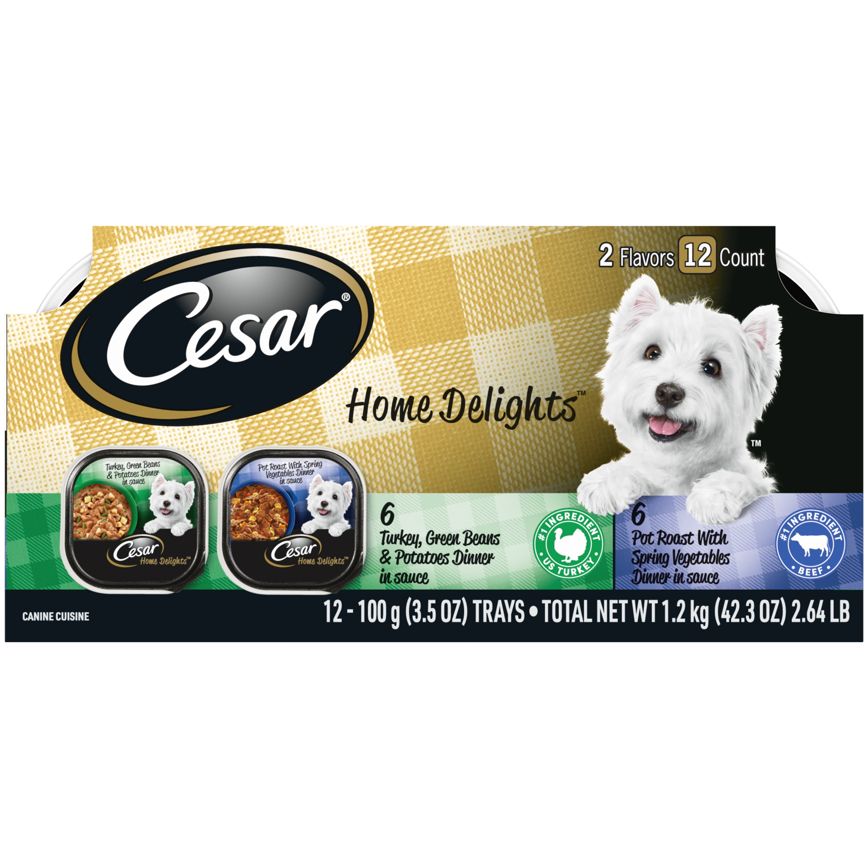 CESAR HOME DELIGHTS Wet Dog Food Turkey, Beans & Potatoes & Pot Roast Dinner Variety Pack, (12) 3.5 oz. Trays