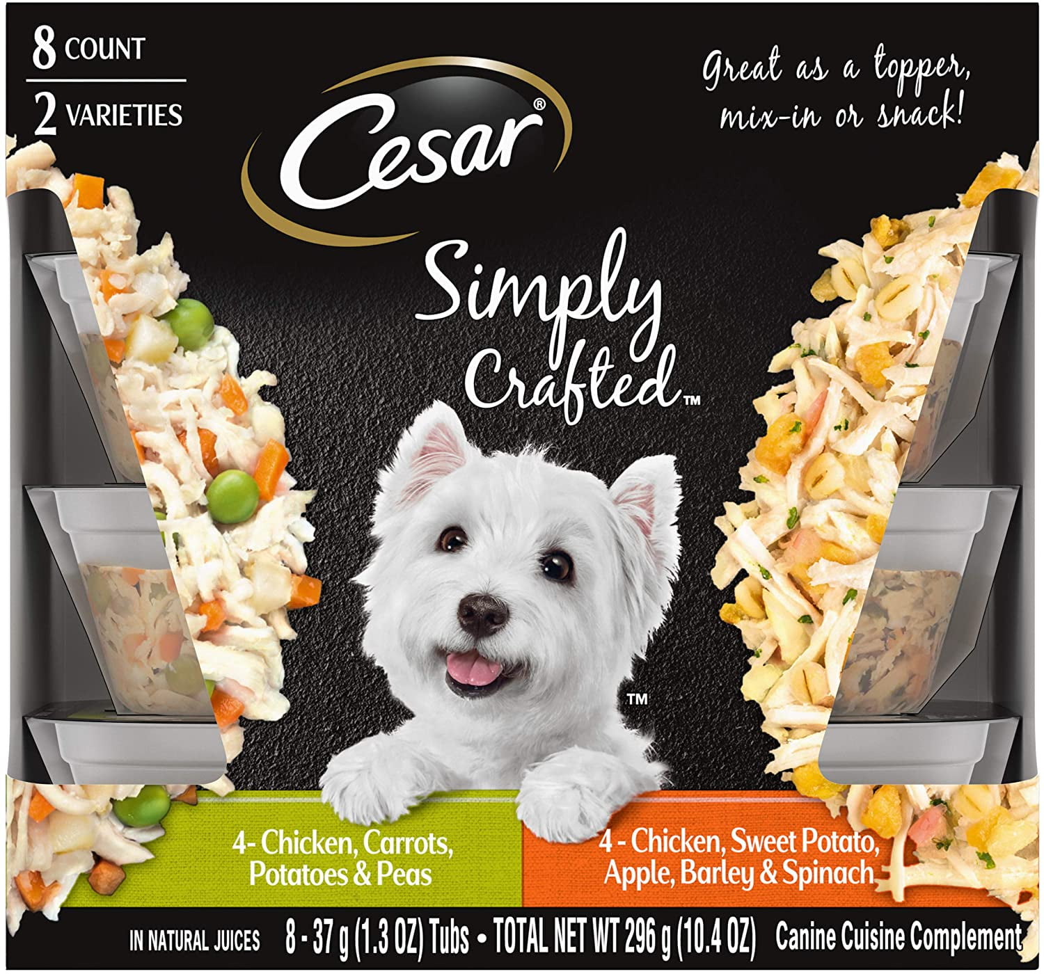 CESAR Simply Crafted Adult Wet Dog Food Meal Topper Variety Pack, Chicken, Carrots, Potatoes & Peas and Chicken, Sweet Potato, Apple, Barley & Spinach, (8) 1.3 oz. Tubs