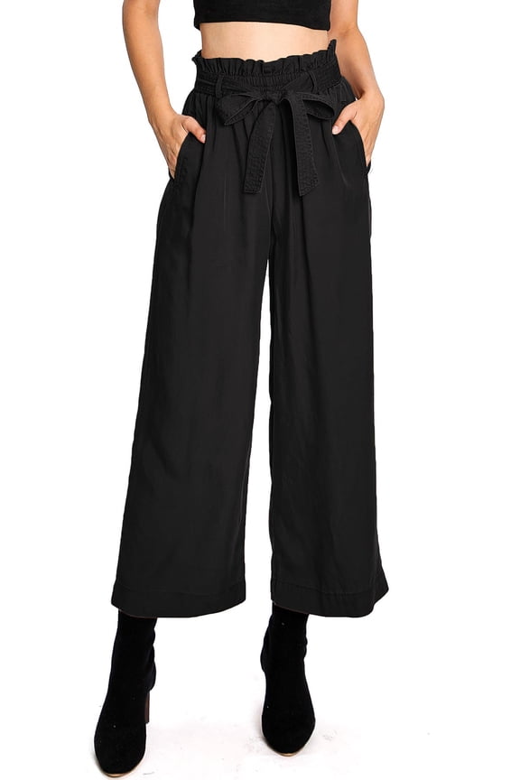 CEST TOI Womens High Rise Paper-bag Waist Cropped Wide Leg Culotte Pants (L, Black)