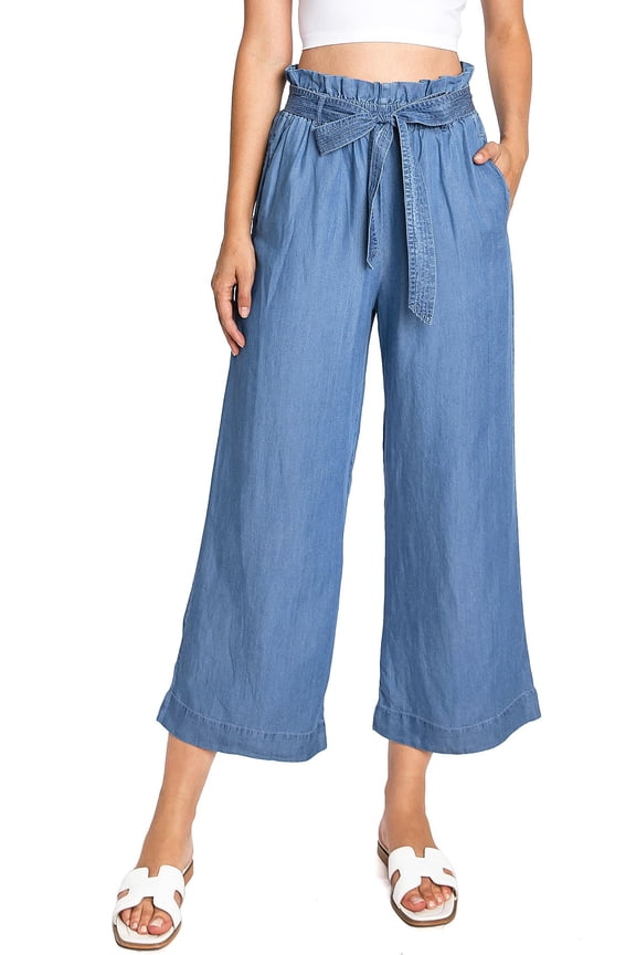 CEST TOI Womens High Rise Paper-bag Waist Cropped Wide Leg Culotte Pants (M, Medium Denim)
