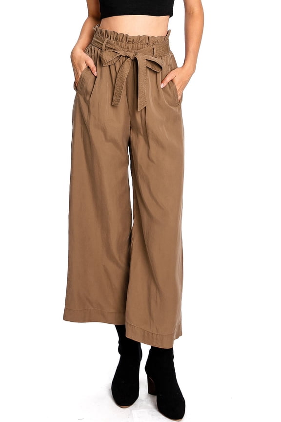 CEST TOI Womens High Rise Paper-bag Waist Cropped Wide Leg Culotte Pants (S, Camel)