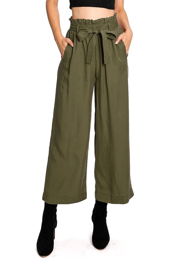 CEST TOI Womens High Rise Paper-bag Waist Cropped Wide Leg Culotte Pants (S, Olive)