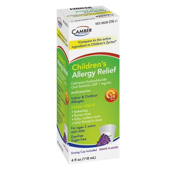 Camber Children's Cetirizine Oral Solution Syrup Allergy Relief for Sneezing, Runny Nose, Itchy, Watery Eyes Grape Flavor | 2 yrs. & Older