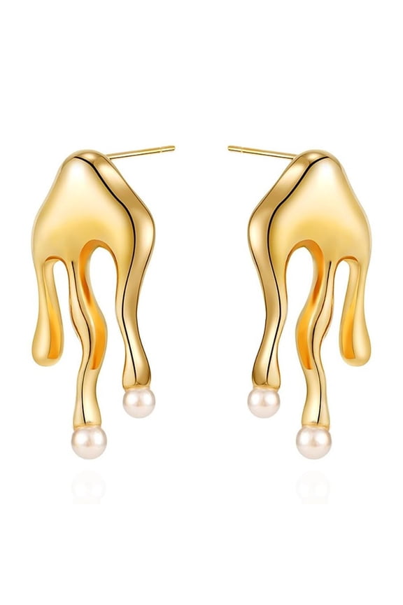 Statement Melting Mixmatch 18K Gold Plated Liquid Drip Ear Stud Earrings for Women, Irregular Water Drop Modern Trendy Earrings, Sterling Silver Post Dripping Unique Aesthetic Cool Jewelry
