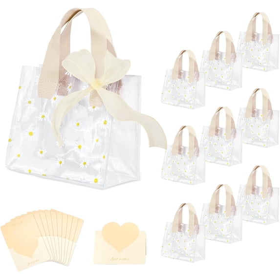 CEYAZYE 10 Pcs Clear Gift Bags with Handles, Party Favor Reusable Transparent PVC Flower Tote Bag Including Greeting Cards and Ribbon, Ideal for Party Shower Wedding Birthday Shopping (Beige)