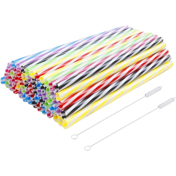 CEYAZYE 100Pcs Reusable Plastic Straws with 2 Cleaner Brush, 9" Colorful Long Drinking Straw Fit for Mason Jar, Yeti Tumbler, Milk Juice Coffee Smoothies Cocktail Family or Party Use