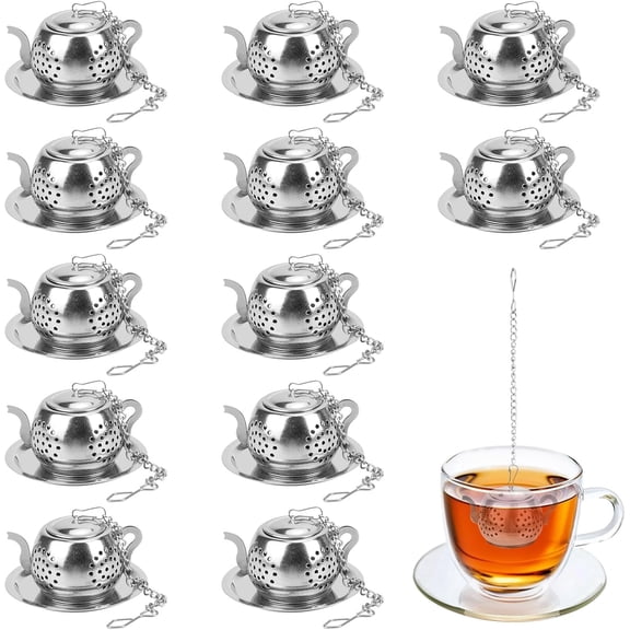 12PCS Tea Infuser, Stainless Steel Tea Ball Strainer, Loose Leaf Tea Steeper, Fine Mesh Teapot Interval Diffuser, Extended Chain Hook and Drip Tray for Brewing Tea Herbs Condiments & Spices