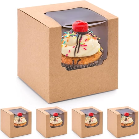 CEYAZYE 20Pcs Paper Cupcake Boxes Pre-Assembled Baking Paper Cupcake Boxes with Transparent Windows Liners for Family Gatherings,Weddings,Coffee Shops,Bakeries,Birthday Parties(3.5“x3.5”),Brown