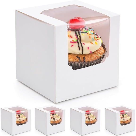 CEYAZYE 20Pcs Paper Cupcake Boxes Pre-Assembled Baking Paper Cupcake Boxes with Transparent Windows Liners for Family Gatherings,Weddings,Coffee Shops,Bakeries,Birthday Parties(3.5“x3.5”),White