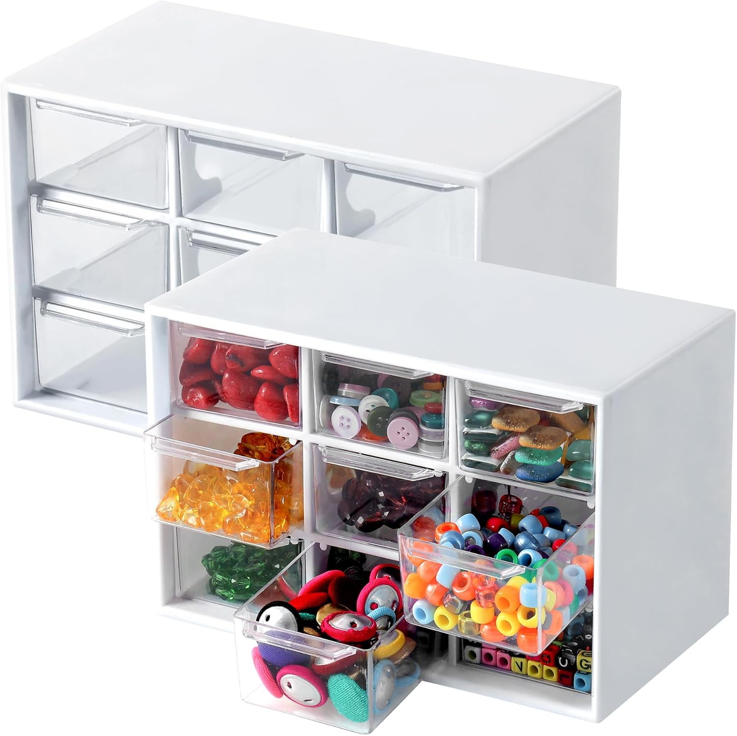 CEYAZYE 2Pcs Craft Box Storage with 9 Drawers - Transparent & White ...