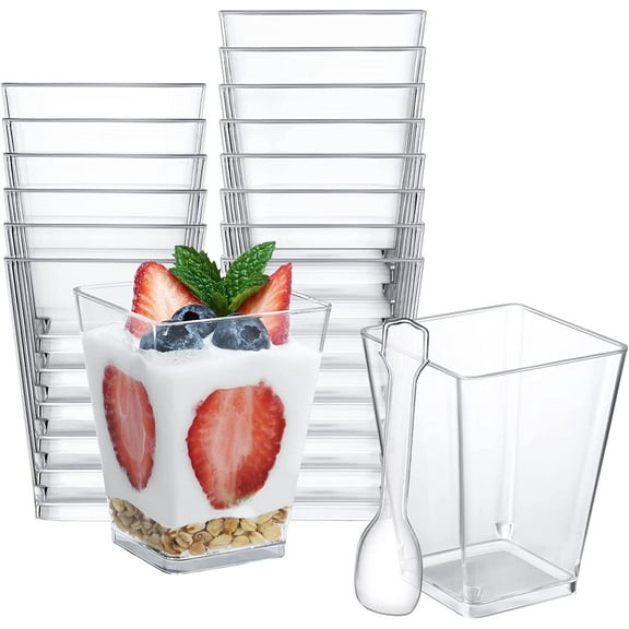 CEYAZYE 30Pcs Square Clear Cup with Spoons 5Oz Plastic Dessert Cups Small Parfait Cup Mini Plastic Appetizer Shooter Cups for Party Yogurt Mousse