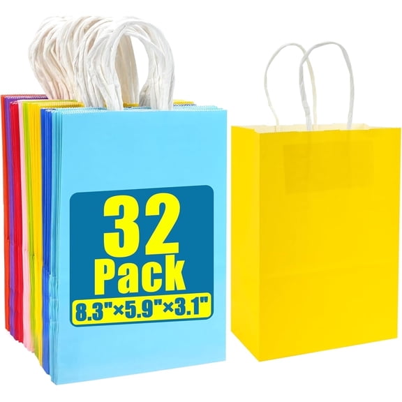 CEYAZYE 32 Pcs Rainbow Small Gift Bags with handles,Vibrant Paper Party Favors Goodie Bag for Kids Birthday, Wedding, Parties Supplies (8 Colors)