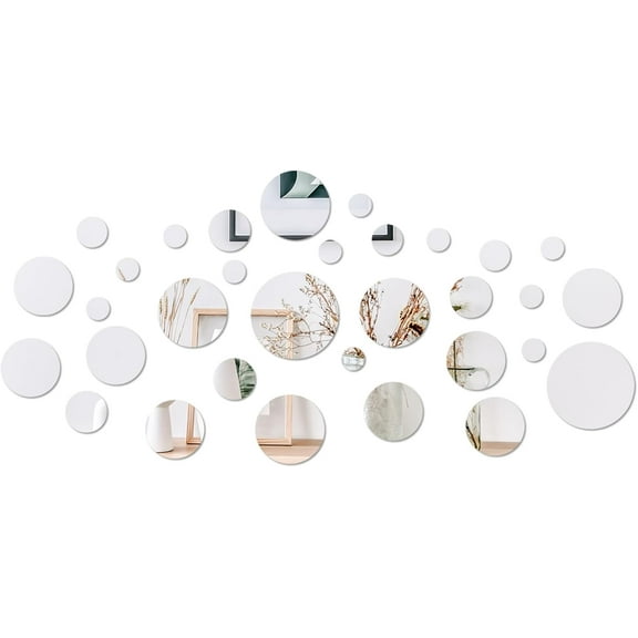 CEYAZYE 32Pcs Acrylic Mirror Wall Stickers Decorative Wall Stickers Round Mirror Tiles Self-Adhesive Removable Peel-and-Stick Wall Stickers Suitable for Living Rooms, Bedrooms, Dining Rooms