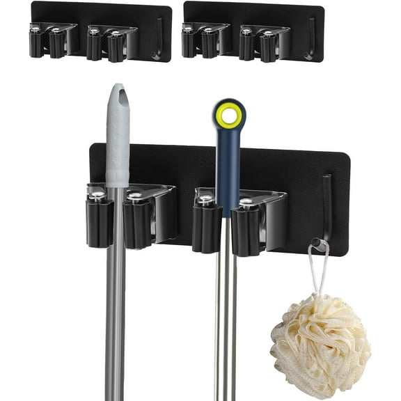 CEYAZYE 3Pack Broom & Mop Holder Wall Mount Organizer, Stainless Steel Broom & Mop Hanging Command Utility Tool for Garage, Storage, Home, Kitchen, Garden, Laundry Room (6 Racks & 3 Hooks, Black)