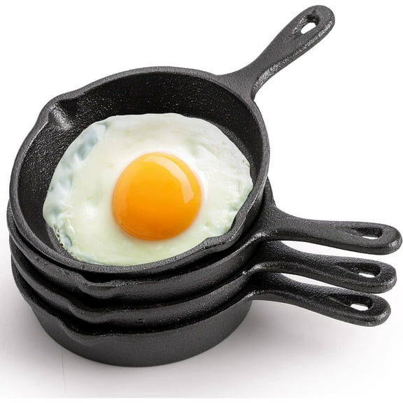 CEYAZYE 4 Pack Mini Cast Iron Skillet, 4" Small Frying Pans with Double Drip-Spouts for Stove, Oven, Grill Safe, Indoor and Outdoor Use, Non-Stick