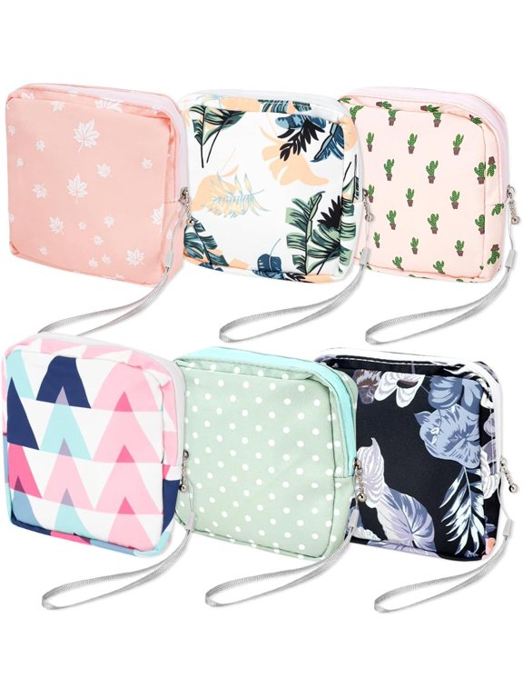 6 Pcs Sanitary Napkin Storage Bag, Portable Waterproof Period Pouch with Zipper, Small First Period Pad Bag Feminine Care with Lanyards for Women Office Supplies