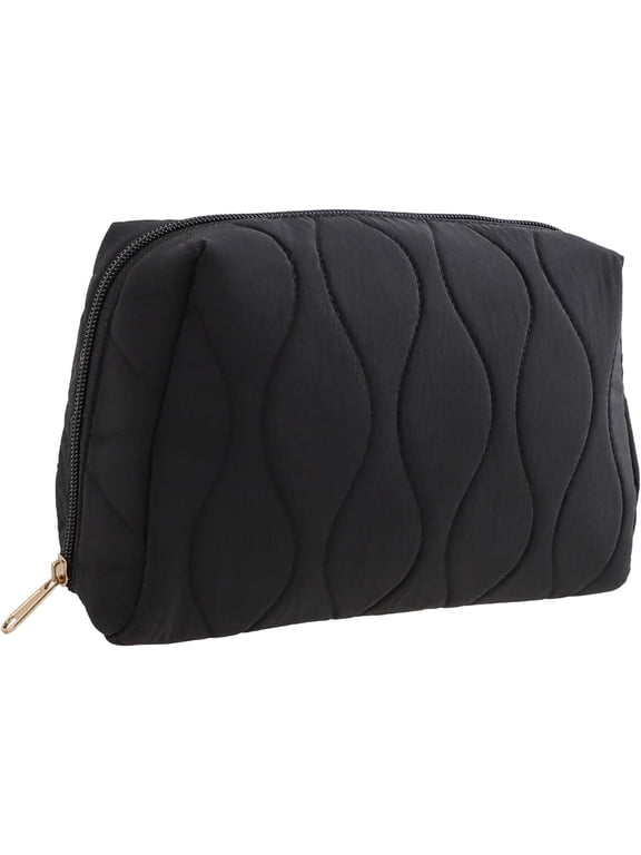 Aesthetic Makeup Bag, Travel Portable Cosmetic Bags for Women Girls, Quilted Make Up Organizer Case for toiletries, Daily Use Pouches for Purse (Black)