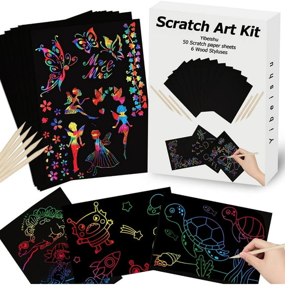 CEYAZYE Art Set Rainbow Magic Scratch Off Paper Black Scratch Sheets Notes Cards Boards Doodle Pads Crafts Projects Kit for Adults Birthday Christmas Gift