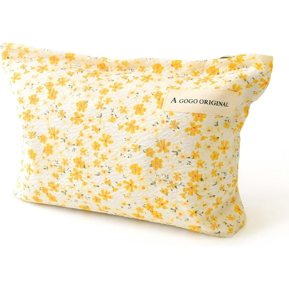 CEYAZYE Beauty Makeup Bag Cotton Quilted Floral Pattern Makeup Bag Everyday Use Cosmetic Bag for Travel Gift for Girls,Yellow/Blue/Pink