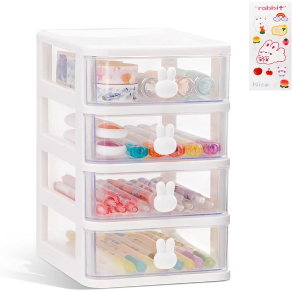 CEYAZYE Desk Organizer with Drawer, Stackable Makeup Organizer White, Small Plastic Storage Box for Desktop, Bathroom Counter or Dresser, Home, Office (4 Tier)