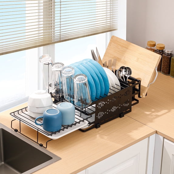 CEYAZYE Extendable Dish Drainers for Kitchen Counter, Small Dish Rack with Drying Tray 2 Tier Dish Drying Rack Stainless Steel Plate Dryer Rack with Utensil & Cup Holders