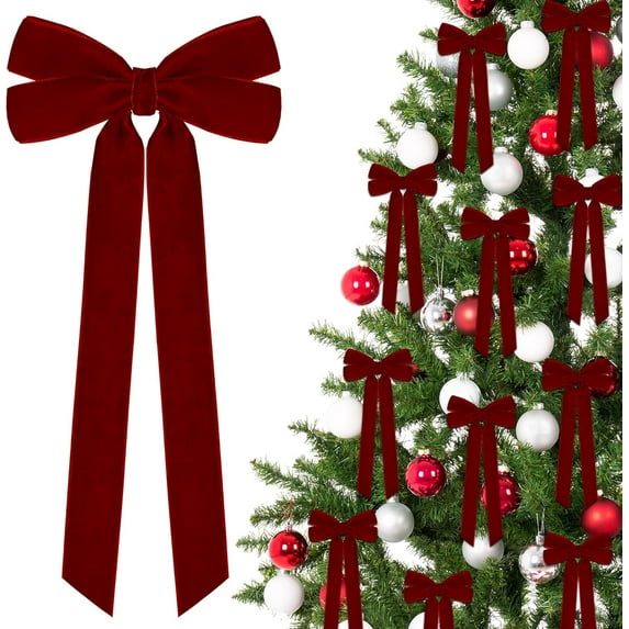 CEklwe 12Pcs 5in X 10in Burgundy Velvet Ribbon Bows Christmas Tree Decorations, Xmas Ornaments Vintage Christmas Decor for Tree Home Party Front Door Vintage Wreath Holiday Decor