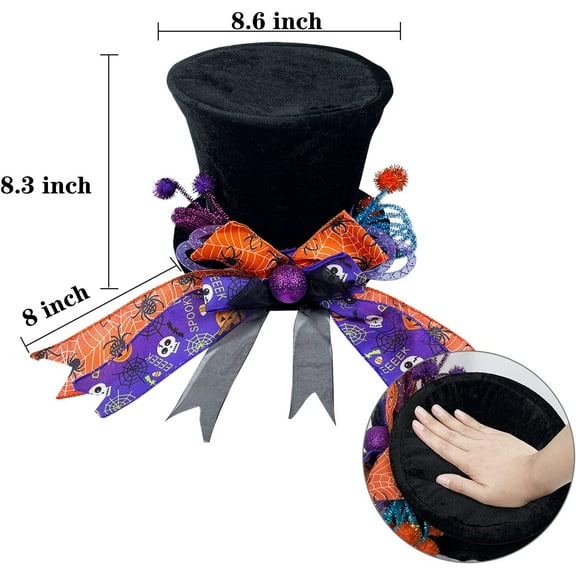 CF  Christmas Halloween Tree Topper Hat,Large Black Velvet Hat with Purple and Orange Bow Seasonal Holiday Decorations Tabletop Ornaments for Home