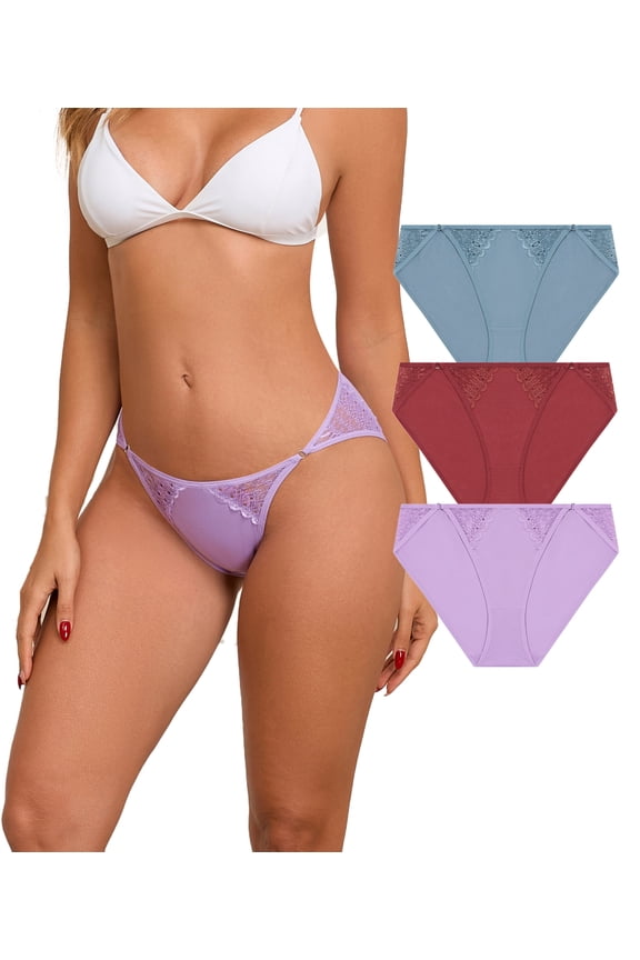 Cotton Bikini Underwear Women High Cut String Bikini Underwear with Lace Soft Low Rise Briefs Ladies Panties Multipack (3PGR,S)