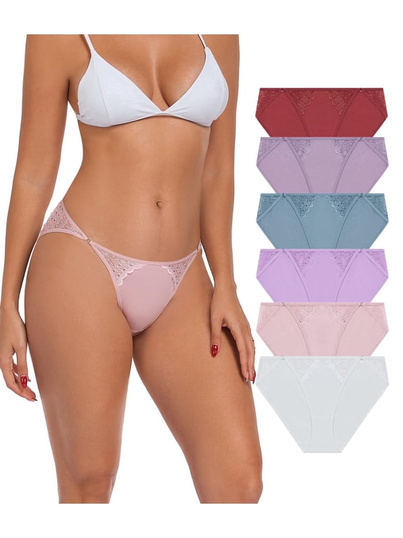 Cotton Bikini Underwear Women High Cut String Bikini Underwear with Lace Soft Low Rise Briefs Ladies Panties Multipack (6A,L)