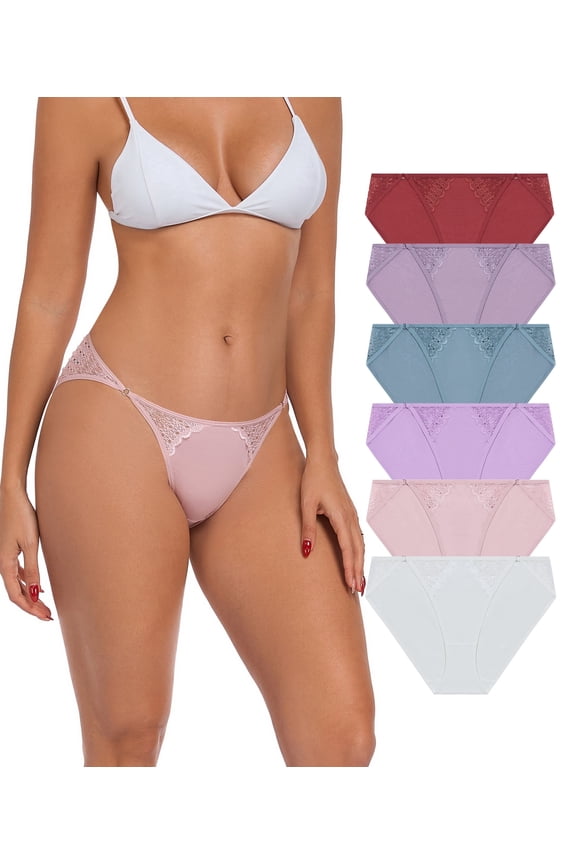 Cotton Bikini Underwear Women High Cut String Bikini Underwear with Lace Soft Low Rise Briefs Ladies Panties Multipack (6A,S)