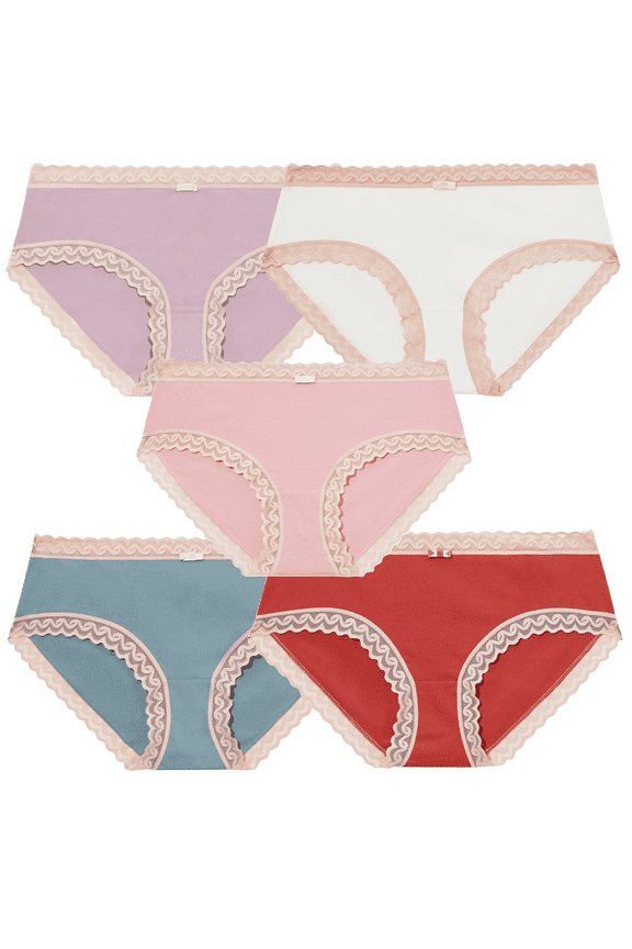 Cotton Underwear for Women Soft Lace Trim Hipster Panties Low Rise Bikini Undies Multipack(5C,L)