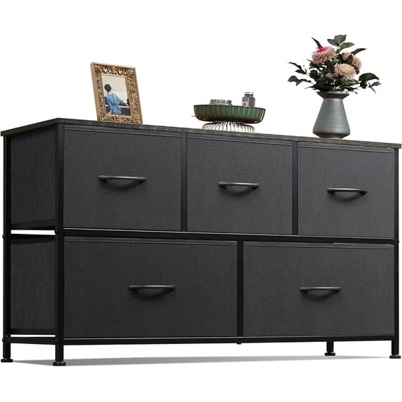 CF Dresser for Bedroom with 5 Drawers, Wide Chest of Drawers, Fabric Dresser, Storage Organizer Unit with Fabric Bins for Closet, Living Room, Hallway, Charcoal Black