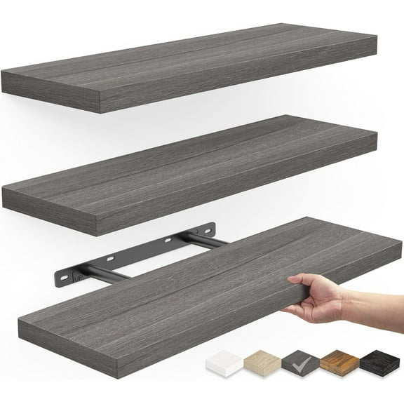 CF Floating Shelves for Wall, Wall Mounted Rustic Wood Shelves for Bathroom, Bedroom, Living Room, Kitchen,Small Hanging Shelf for Books/Storage/Room Decor (Grey, Set of 3, 15.7in)
