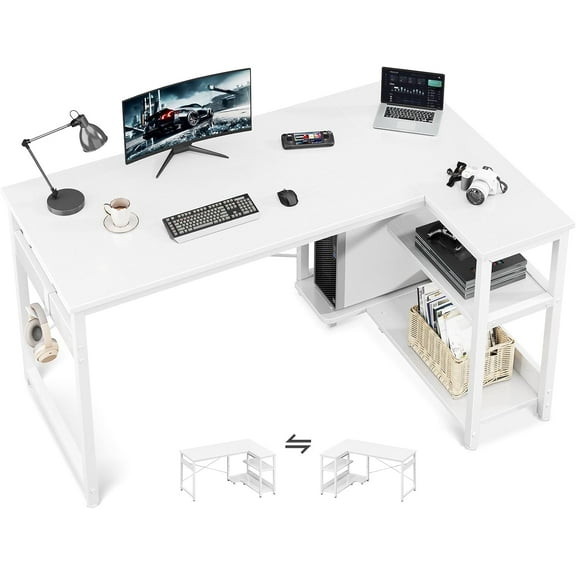 CF L Shaped Computer Desk, 48 Inch Small Corner Desk with Storage Shelves & PC Stand, Reversible Gaming Desk for Bedroom, Modern Writing Study Table for Home Office, White
