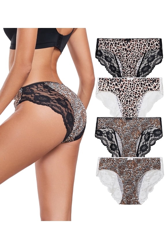 Leopard Print Womens Underwear Sexy Lace Bikini Panties Pack Stretch Women's Hipster Panties, Soft Comfort Ladies briefs Smooth Animal Print Underpant(4C,2XL)