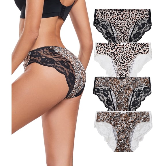 CF Leopard Print Womens Underwear Sexy Lace Bikini Panties Pack Stretch Women's Hipster Panties, Soft Comfort Ladies briefs Smooth Animal Print Underpant(4C,L)