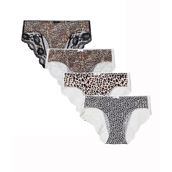 CF Leopard Print Womens Underwear Lace Bikini Panties Pack Stretch Women's Hipster Panties, Soft Comfort Ladies briefs Animal Print Underpant(4B,M)
