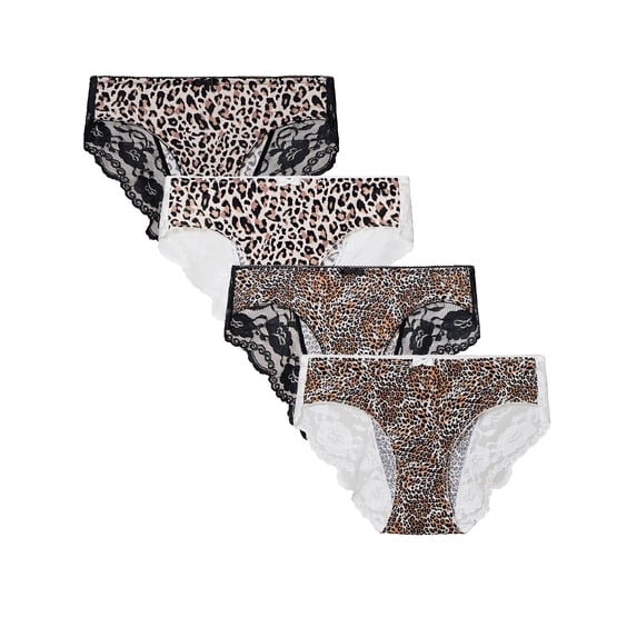 CF Leopard Print Womens Underwear Lace Bikini Panties Pack Stretch Women's Hipster Panties, Soft Comfort Ladies briefs Animal Print Underpant(4C,L)