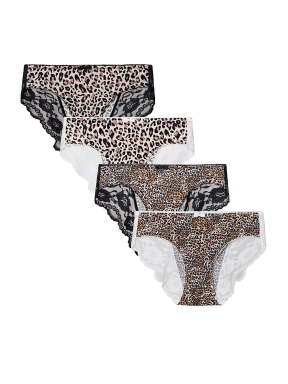 Leopard Print Womens Underwear Lace Bikini Panties Pack Stretch Women's Hipster Panties, Soft Comfort Ladies briefs Animal Print Underpant(4C,L)