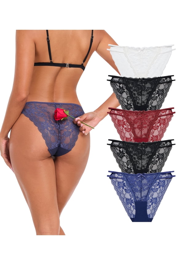 Sexy Lace String Bikini Panties 5 Pack Hi Cut Sheer Underwear for Women Seamless Stretch Low Rise Hipster Briefs Ladies Soft Floral Lacy Lingerie(5A,XL)