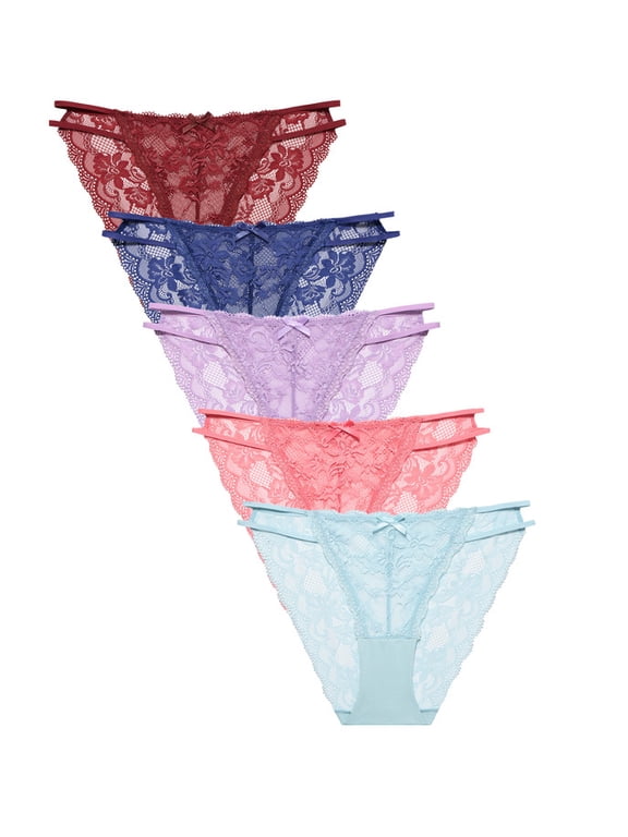 Sexy Lace String Bikini Panties 5 Pack Hi Cut Sheer Underwear for Women Seamless Stretch Low Rise Hipster Briefs Ladies Soft Floral Lacy Lingerie(5C,2XL)