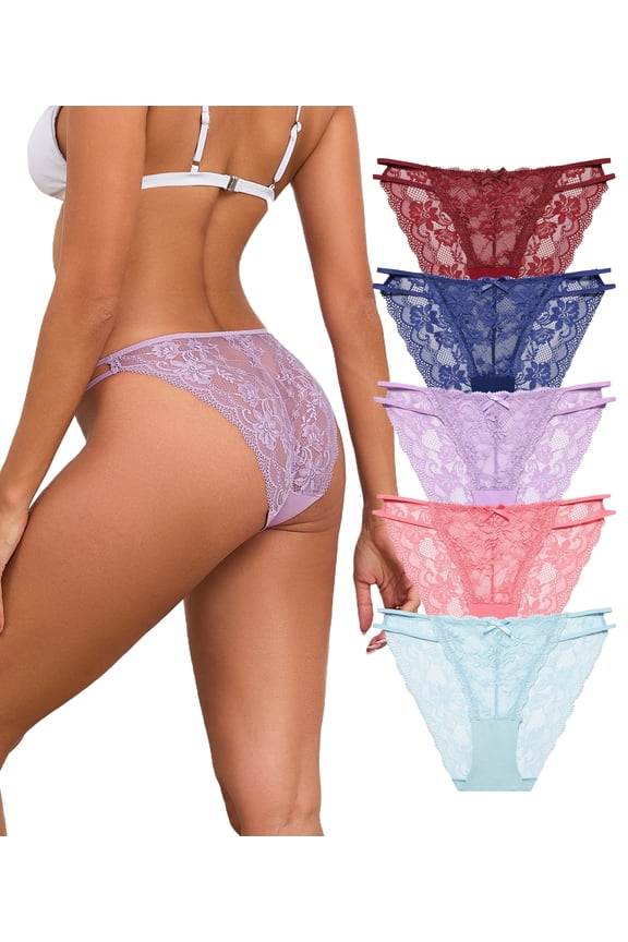 Sexy Underwear for Women Lace String Bikini Panties 5 Pack High Cut Seamless Hipster Breathable Stretch Ladies No Show Lingerie(5C,M)
