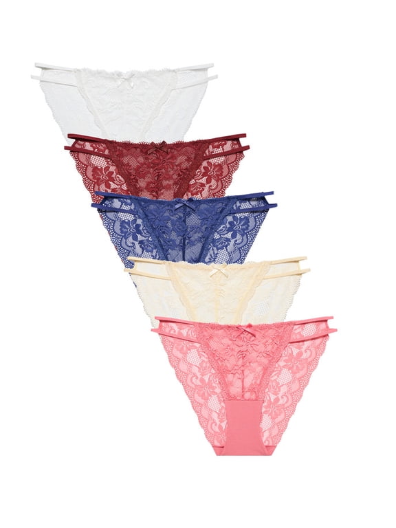Sexy Lace String Bikini Panties 5 Pack Hi Cut Sheer Underwear for Women Seamless Stretch Low Rise Hipster Briefs Ladies Soft Floral Lacy Lingerie(5D,M)
