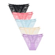 CF Sexy Lace String Bikini Panties 5 Pack Hi Cut Sheer Underwear for Women Seamless Stretch Low Rise Hipster Briefs Ladies Soft Floral Lacy Lingerie5E,S
