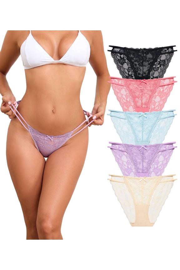 Sexy Underwear for Women Lace String Bikini Panties 5 Pack High Cut Seamless Hipster Breathable Stretch Ladies No Show Lingerie(5E,S)
