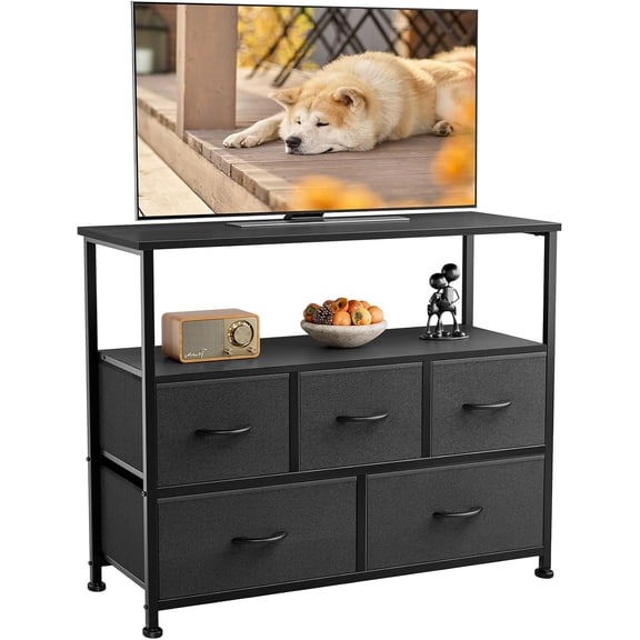 CF TV Stand Dresser for Bedroom with 5 Fabric Drawer,Entertainment Center for 45 inch Television, Media Console Table with Storage, Open Shelf, Adjustable Feet, Living Room Furniture, Black
