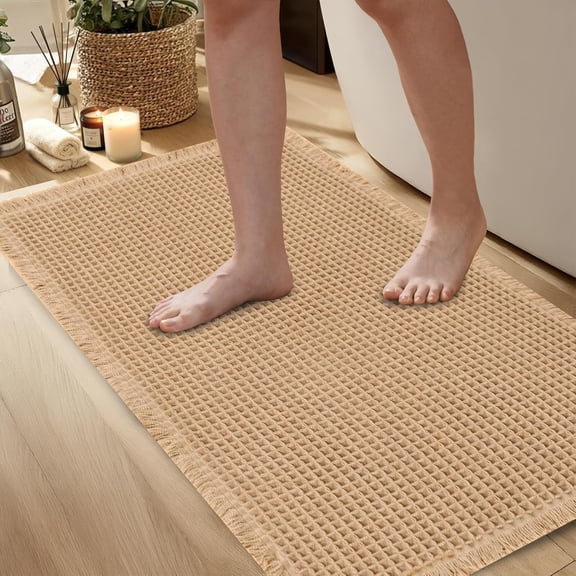 CF  Waffle Bath Mat, Super Absorbent Non Slip Bathroom Rug with Tassels, Machine Washable Bath Mats for Bathroom, Ultra Soft Rubber Backed Brown Rug, 32 x 20 Inches